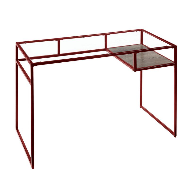 Rectangular Glass Top Desk with Open Compartment and Sled Base, Red-Benzara image number 1