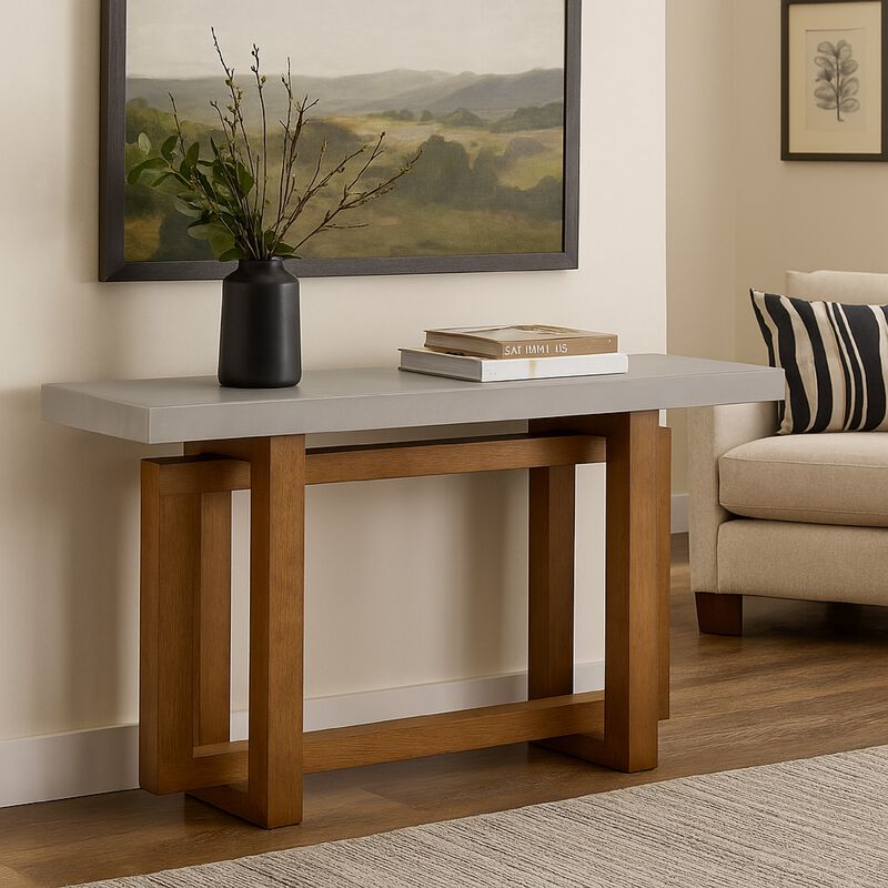 Joshua Sofa Table with Cross Base, Faux Concrete, Brown Wood 47 Inch