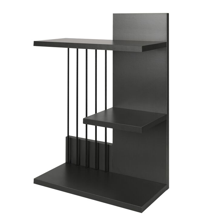 16 Inch 3 Tier Rectangular Wood Floating Wall Mount Shelf with Vertical Bars Accent, Charcoal Gray-Benzara