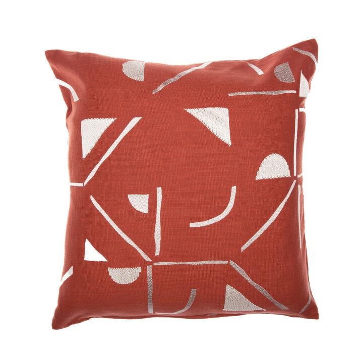 HomeRoots 20" Orange and Ivory Geometric Cotton Blend Throw Pillow With Embroidery