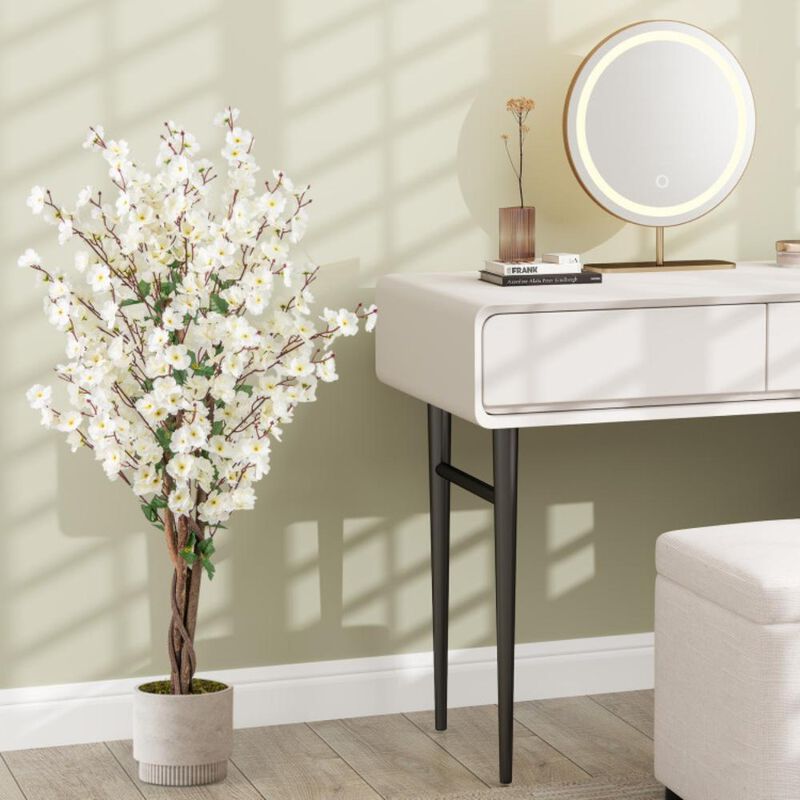 Hivvago Faux Plum Blossom Plant with White Fabric Flower and Solid Wood Trunk