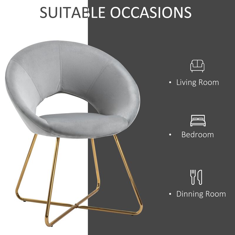 Grey Velvet Accent: Modern Curved Chair with Gold Metal Legs