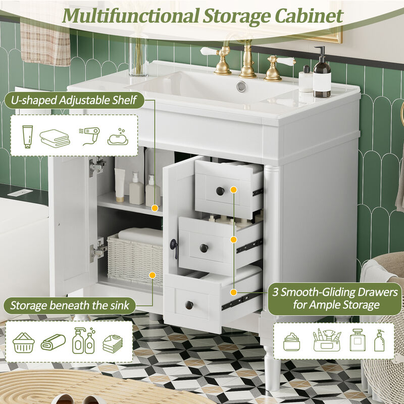 Whisen 30-Inch Modern Bathroom Vanity, Solid Wood Frame + MDF, 2 Doors 3 Drawers, Soft-Close Design, U-Shaped Adjustable Shelf, Ceramic Sink