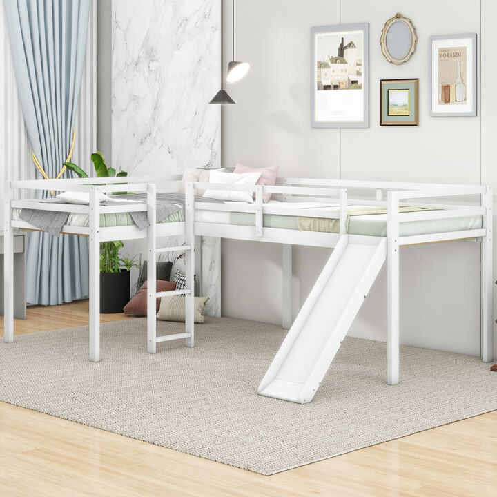Whisen L-Shaped Twin Size Loft Bed with Ladder and Slide- White
