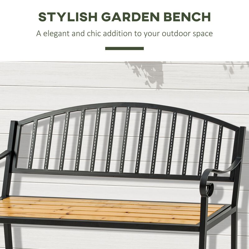 50" Garden Bench, Patio Loveseat with Antique Backrest, Wood Seat and Steel Frame for Backyard or Porch