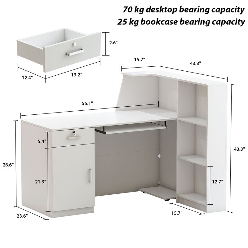 55.1 in. W -43.3 in. H White MDF L-Shaped Computer Desk with a Desktop 3-Storage Shelves 1-Drawer and 1-Cabinet