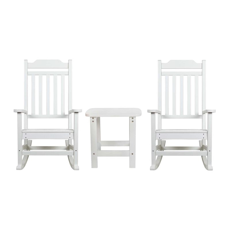 Flash Furniture Winston Set of 2 Rocking Chairs with Side Table - White Poly Resin - Weather Resistant image number 0