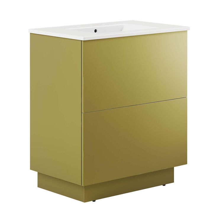 Modway Quantum Modern 30" Bathroom Vanity in White Gold with Ceramic Sink Basin and Storage Drawer