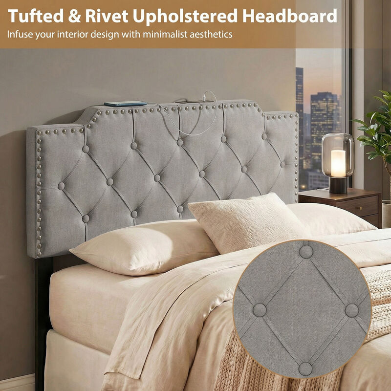 Queen Full Size Upholstered Headboard with Vertical Quilted Linen Fabric image number 3