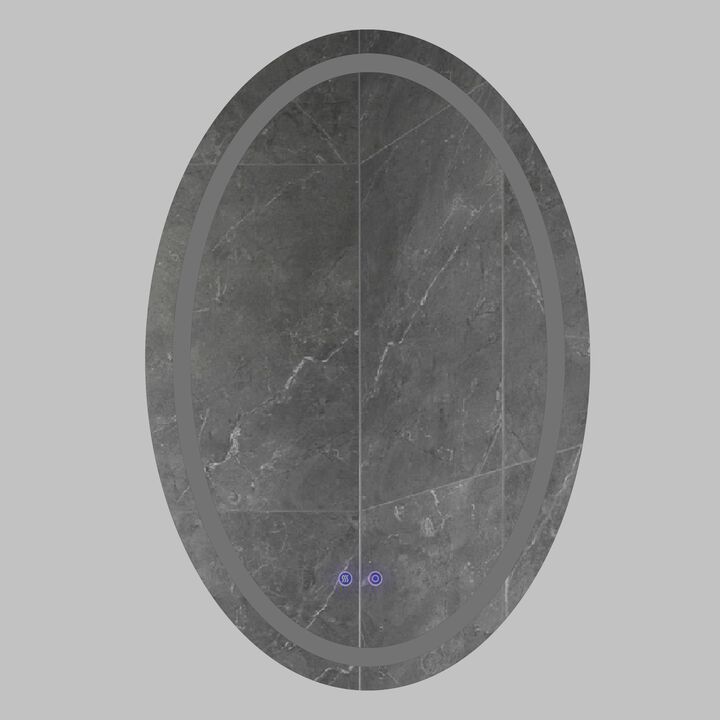 24 x 36 Inch Oval Frameless LED Illuminated Bathroom Mirror, Touch Button Defogger, Metal, Frosted Edge, Silver-Benzara