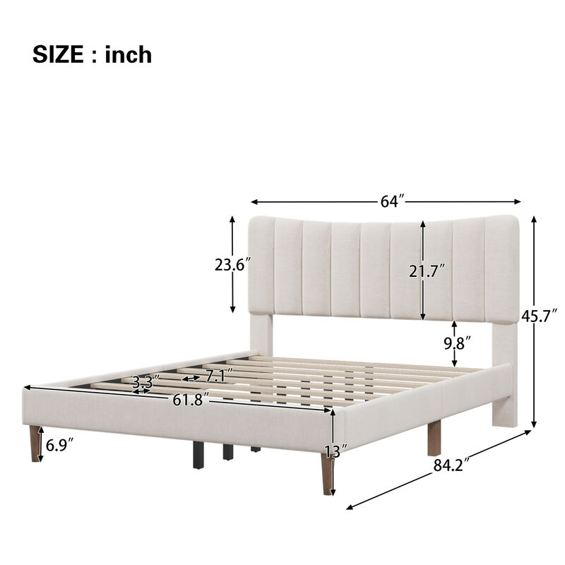 Upholstered Platform Bed Frame with Vertical Channel Tufted Headboard, No Box Spring Needed, Queen