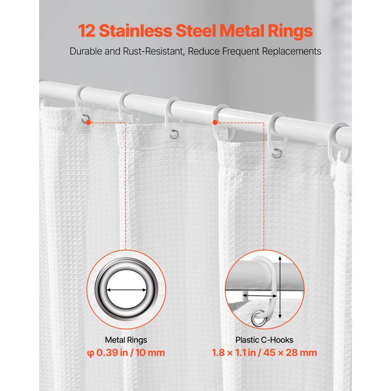 White Fabric Shower Curtain 240 GSM Waffle Design Washable with Hooks image number 4