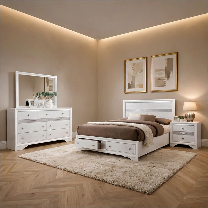 Cevy 4pc Queen Bedroom Set with Dresser, Silver Accents, White Wood