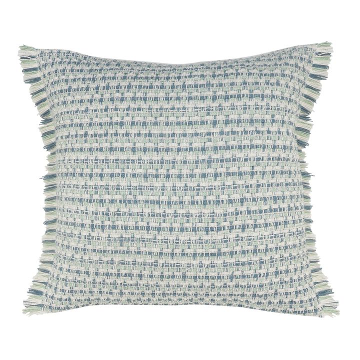 24" Blue and White Interwoven Fringed Outdoor Square Throw Pillow