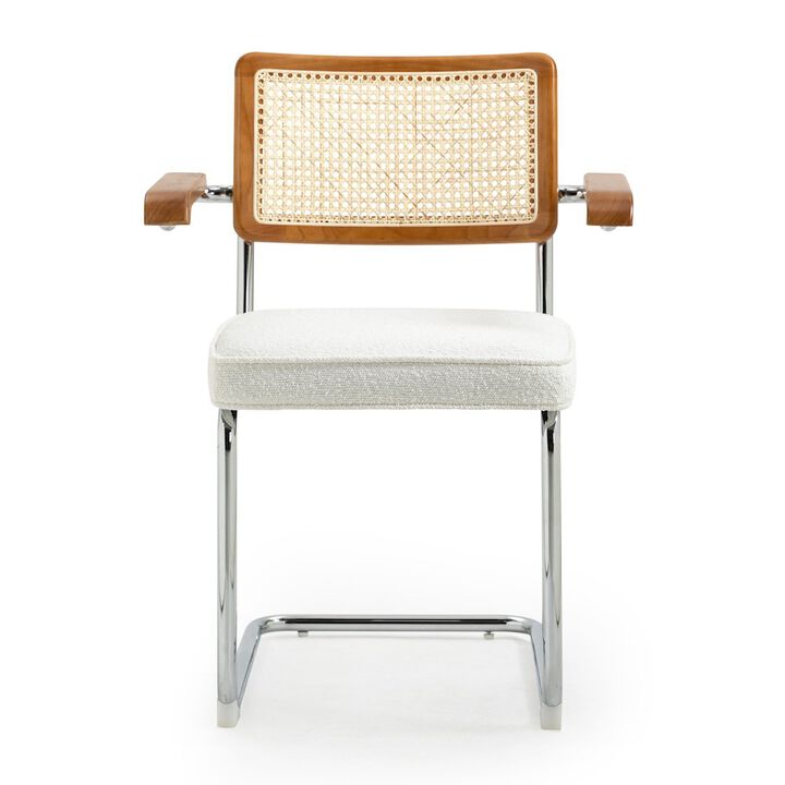 Glamour Home Set of 2 White Boucle Fabric Dining Chair Rattan Backrest and Chrome Legs