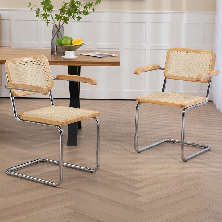 Glamour Home Set of 2 Barnard Natural Wooden Dining Chair with Rattan Back and Chrome Legs