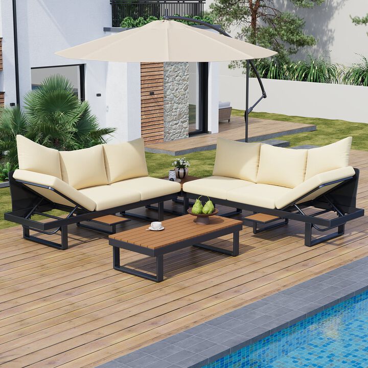 Mondawe Outdoor 6-Piece Modular Sofa Set,W/ Tilting Seat & Side Tables,Weatherproof Patio Furniture