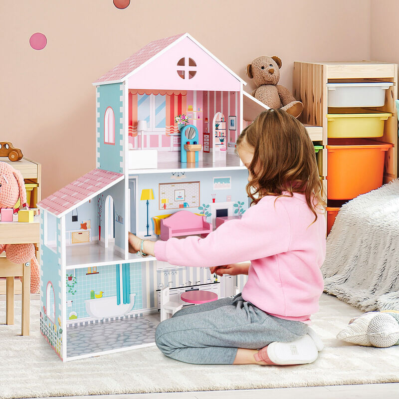 3-Tier Toddler Doll House with Furniture Gift for Age over 3 image number 1
