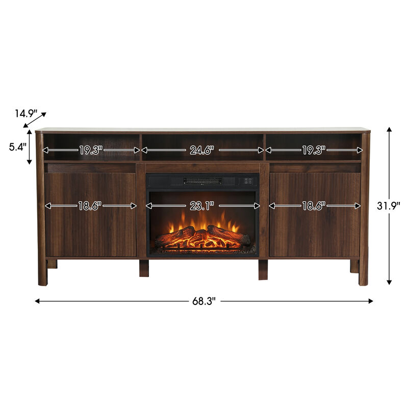 68" Modern Farmhouse Dark Walnut Fluted Door TV Stand Media Console with  23 Inch Insert Electric Fireplace for TVs up to 75" image number 5