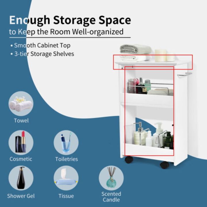 Slim Rolling 3-Tier Bathroom  Mobile Shelving Cabinet wih Handle