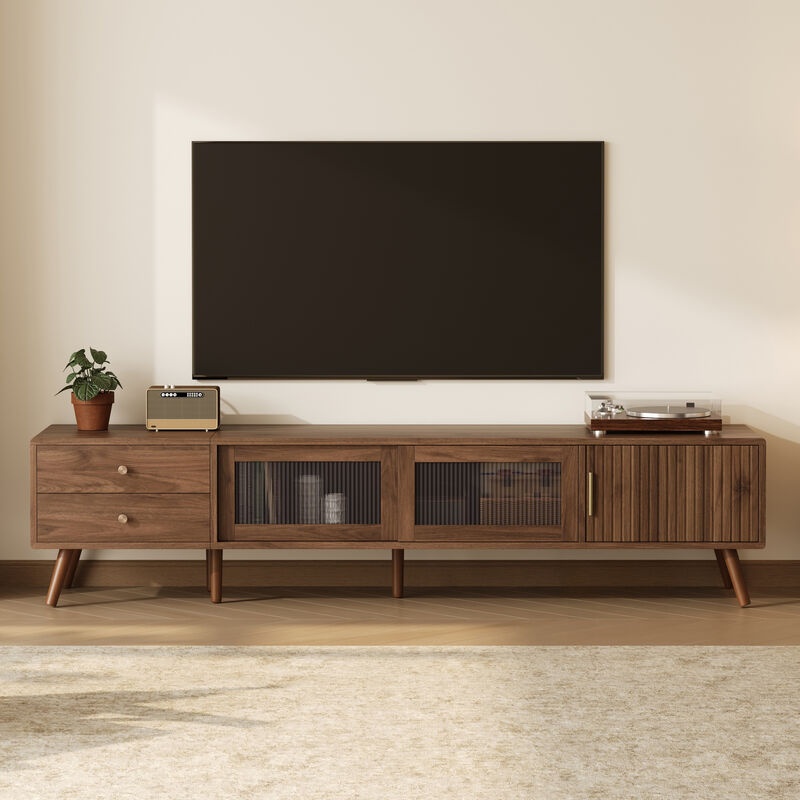 Merax TV Stand with Waveform Glass Doors, 2 Deep Drawers, Striped Texture Cabinets image number 1