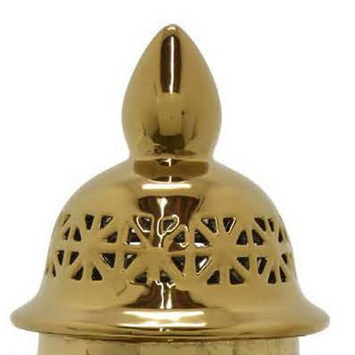 20 Inch Temple Jar, Pierced Details, Dome Lid, Ceramic, Gold Finish - Benzara