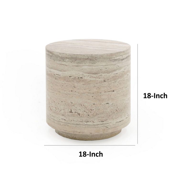 Lia 18 Inch End Table, Round Travertine Stone Finish Laminated Top