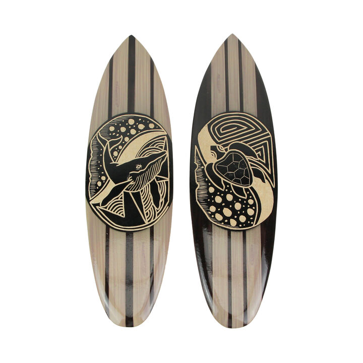 Set Of 2 Hand Carved Wood Surfboards Tiki Decor Whale Turtle Wall Hanging Art
