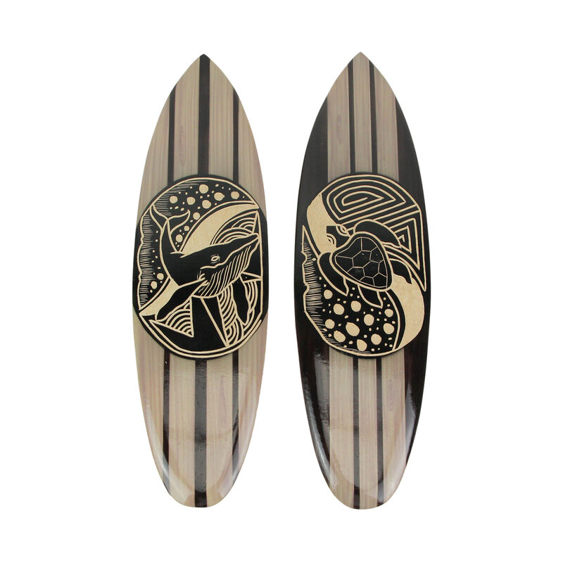 Set Of 2 Hand Carved Wood Surfboards Tiki Decor Whale Turtle Wall Hanging Art image number 0