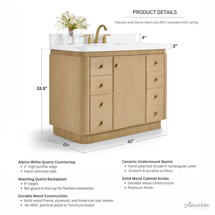 Aston 42 inch Bath Vanity Set in American Oak Finish with Alpine White Quartz Top