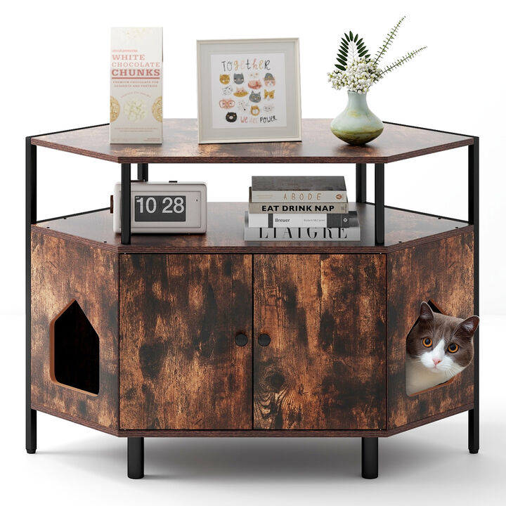 Corner Cat Litter Box Enclosure with Open Shelf 2 Entrances and Metal Legs