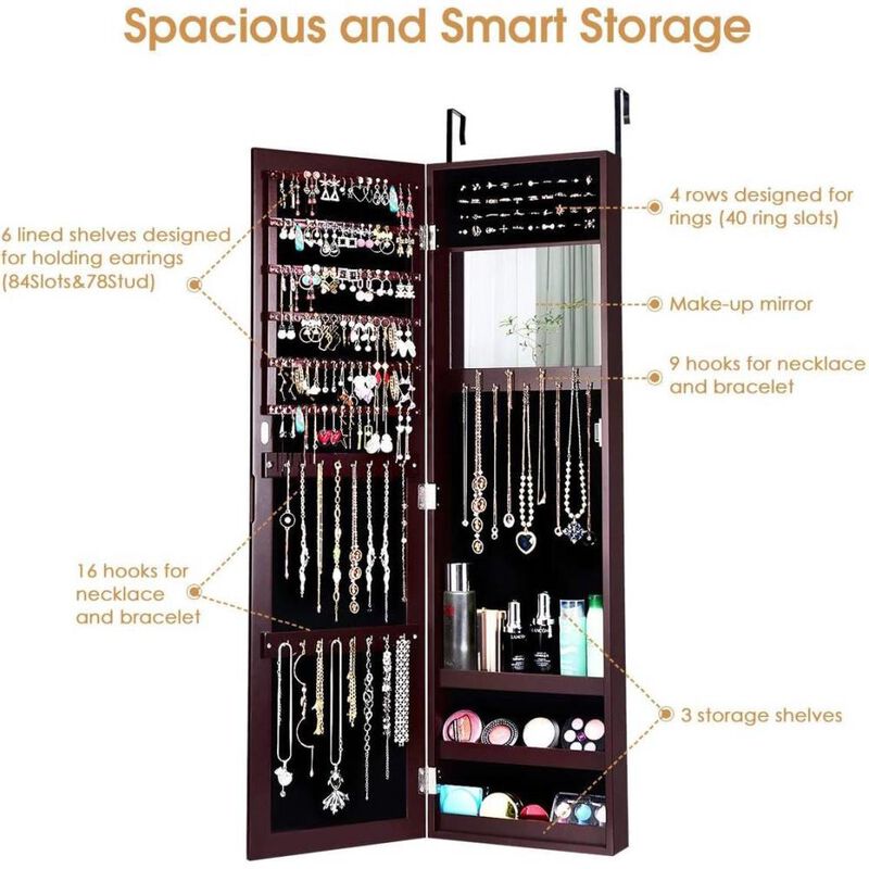 Hivvago 2-in-1 Dark Brown Wall or Door Mounted Jewelry Organizer Full Length Mirror