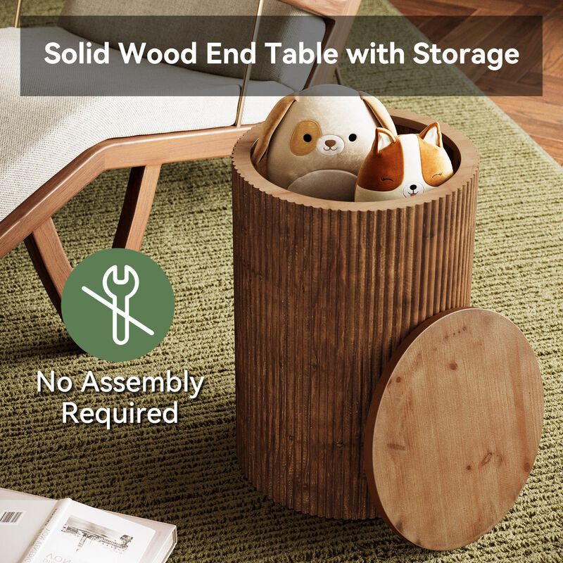 Fluted Solid Wood Round End Table, Side Table with Storage & 4 Wheels-Walnut image number 6