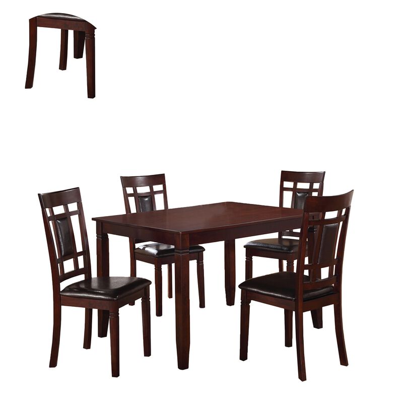 Wooden And Leather 5 Pieces Dining Set In Brown And Black-Benzara