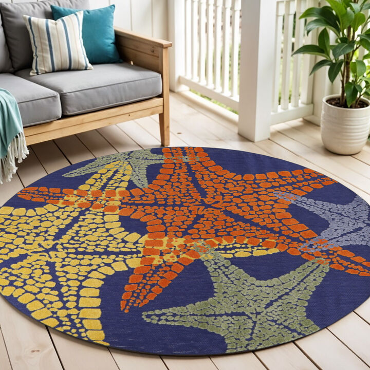 HomeRoots 5' Blue Yellow And Orange Round Starfish Indoor Outdoor Area Rug
