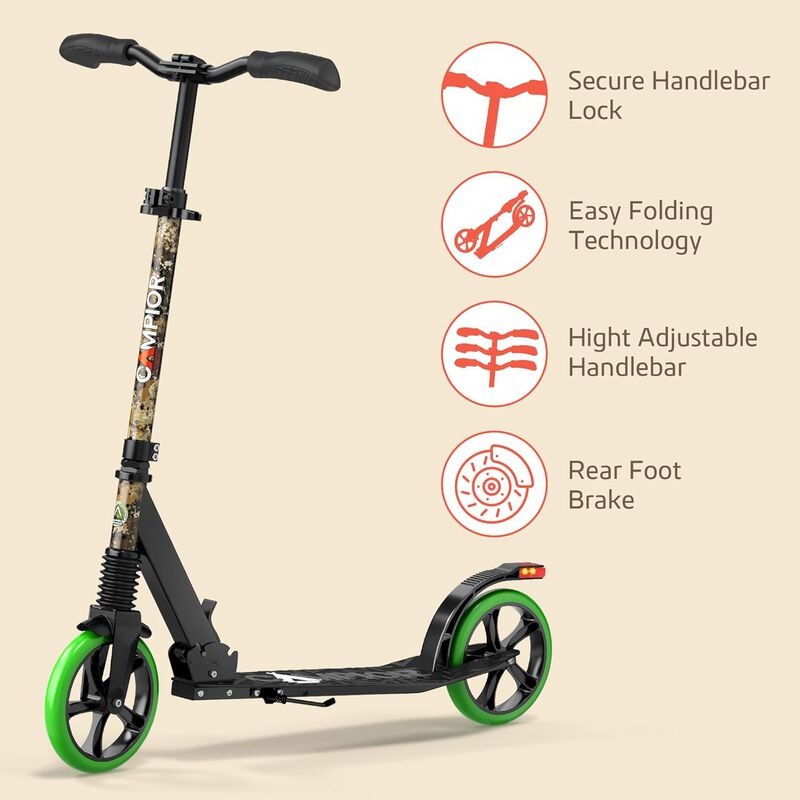 Kick Scooter for Ages 6+, for Kids, Teens, and Adults, Max Load 240 LBS, Foldable, 8-inch Big Wheels for Kids and Adults, with Kickstand, 3 Adjustable Levels, Child Safety Approved