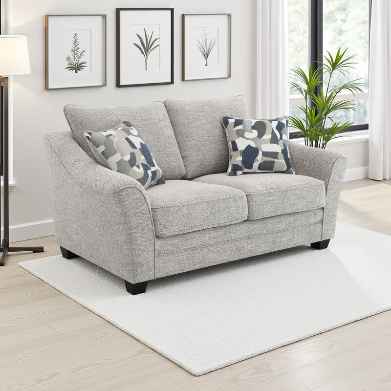 Kito Loveseat, 61 Inch Modern Light Gray Fabric, 2 Accent Pillows - Benzara