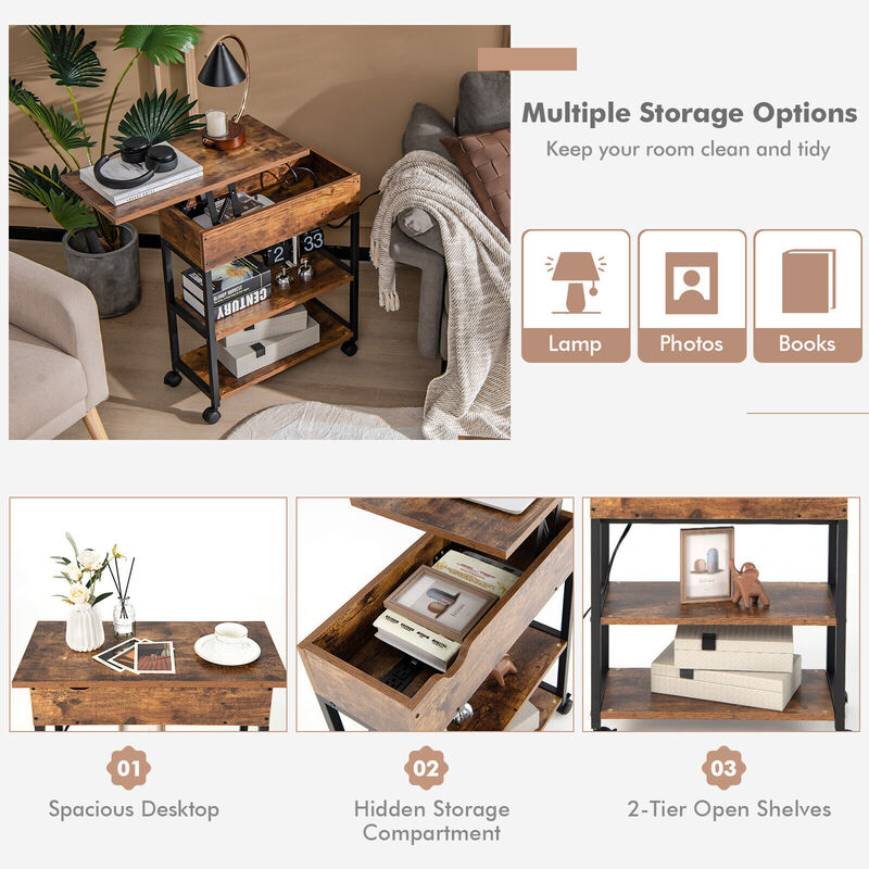 Lift Top End Table with Charging Station and Universal Wheels-Rustic Brown image number 5