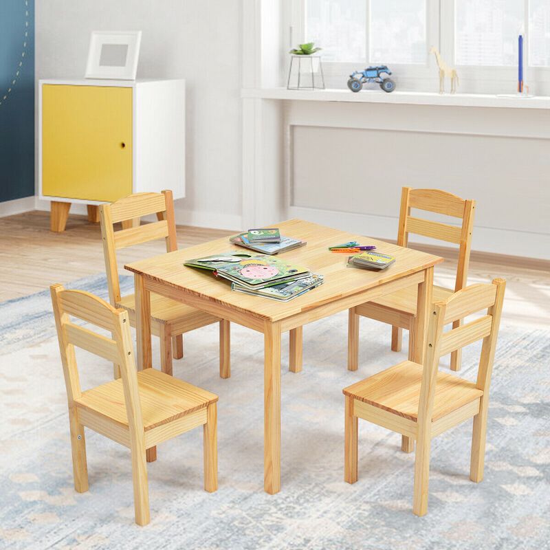 5 pcs Kids Pine Wood Table Chair Set