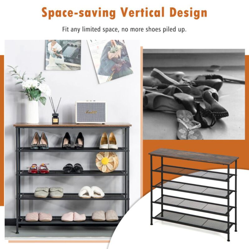 Hivvago Industrial Adjustable 5-Tier Metal Shoe Rack with 4 Shelves for 16-20 Pairs