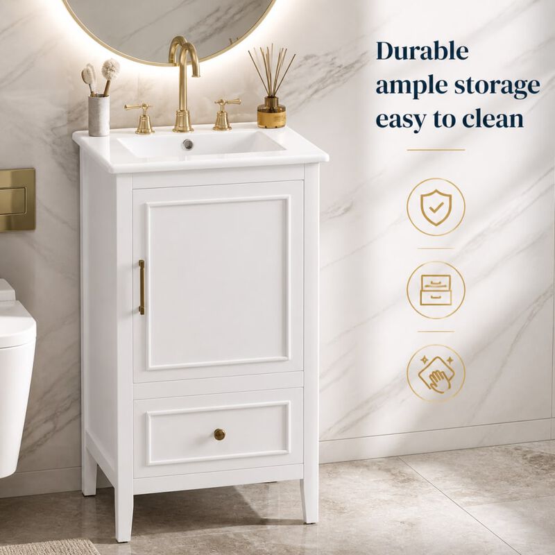 ELEMENT ACE Freestanding 20 Inch Bathroom Vanity with Ceramic Sink, Soft Closing Door, Drawer, and Built-In Storage Rack image number 4