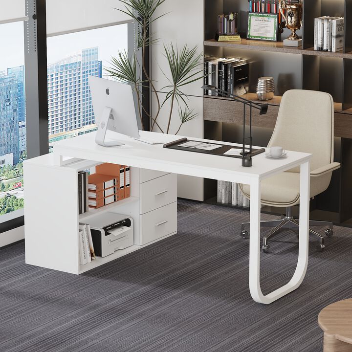 55.1 in. L-Shaped White Wood Writing Desk Corner Gaming Desk With 2-Tier Shelves and 3-Drawers Home Office Use