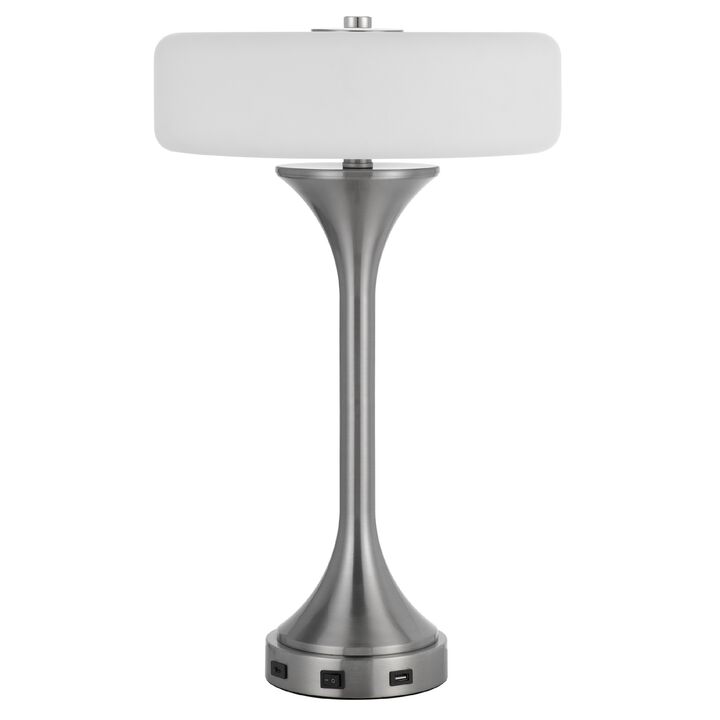 Table Lamp, USB Ports, Frosted White Glass Shade, 22 Inch Brushed Steel
