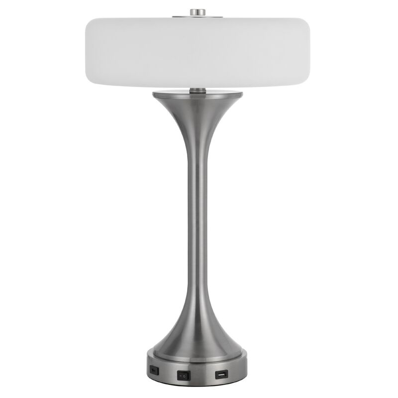 Table Lamp, USB Ports, Frosted White Glass Shade, 22 Inch Brushed Steel image number 0
