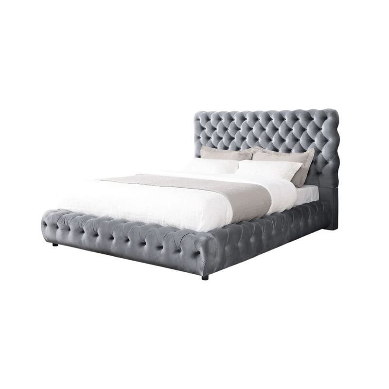 Goy Queen Size Bed, Diamond Tufted Gray Velvet Upholstery, Low Profile