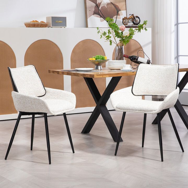 Glamour Home Set of 2 Bea White Two-Toned Linen Fabric Dining Chair with Black Iron Legs