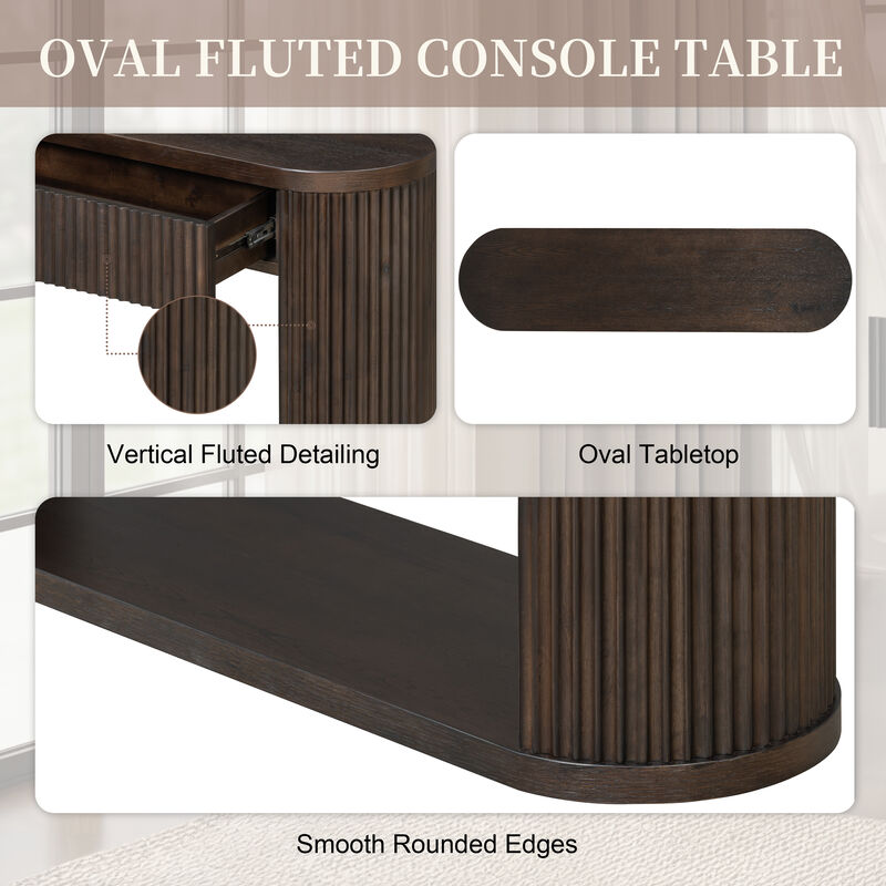 Merax Oval Fluted Rubber Wood Console Table with 2 Drawers & Open Bottom Shelf image number 3