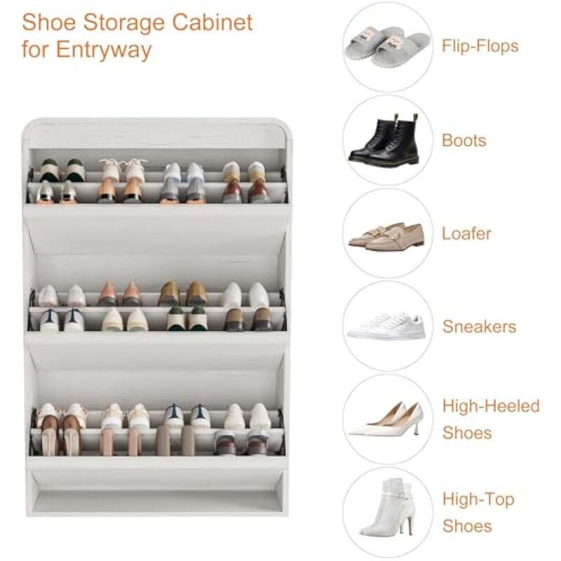Entryway Wood Shoe Storage Cabinet Flip Drawer Adjustable Shelves White image number 3