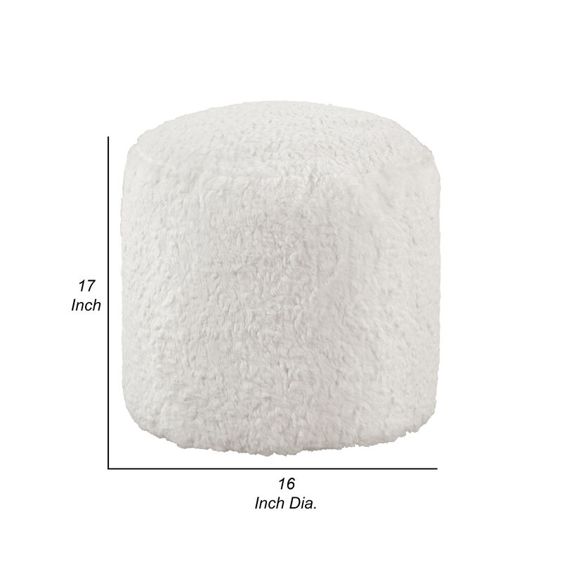 Modern Pouf Ottoman, 16 Inch Round w Fluffy Off White Faux Fur Texture