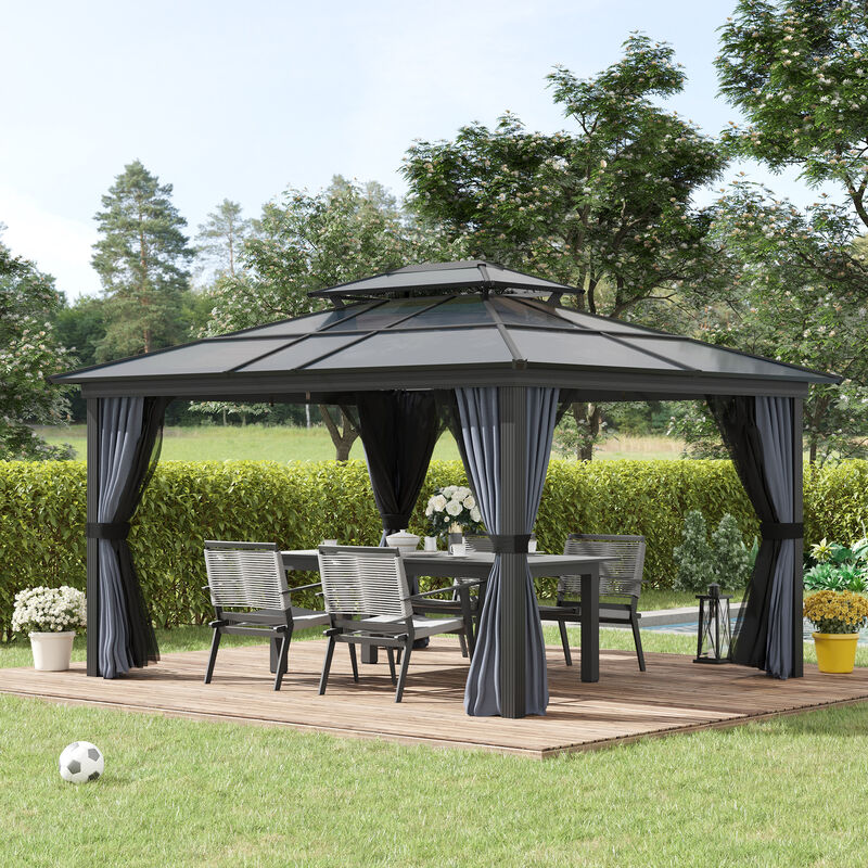 Outsunny 10' x 12' Hardtop Gazebo Canopy with Polycarbonate Double Roof, Aluminum Frame, Permanent Pavilion Outdoor Gazebo with Netting and Curtains for Patio, Garden, Backyard, Deck, Lawn, Black